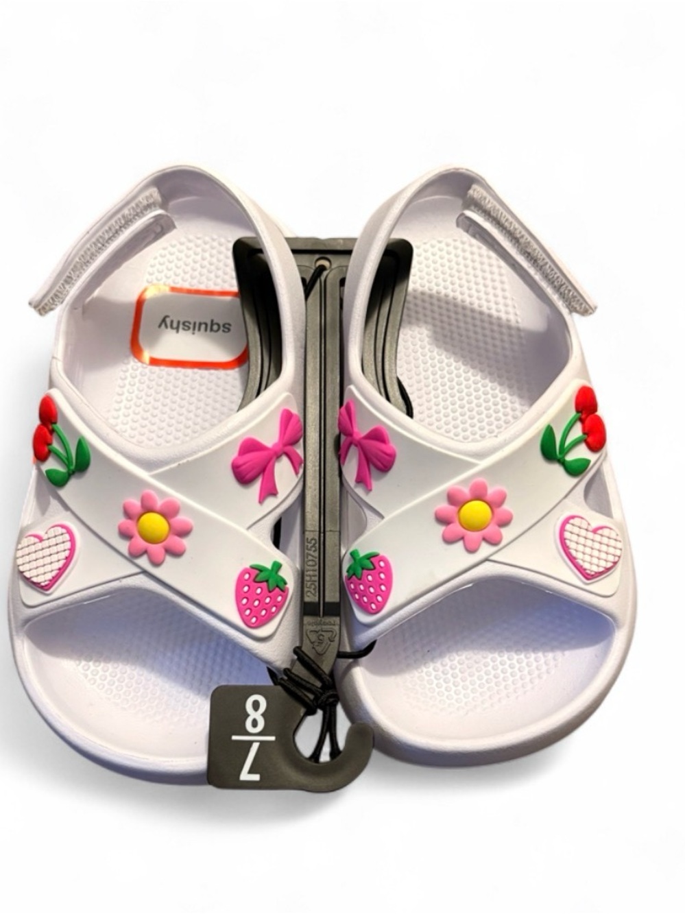 Kids White Sandals with Pink Floral, Strawberry & Cherry Charms
